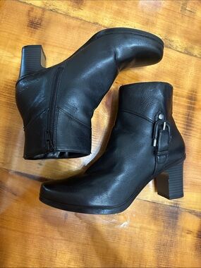 Life Stride Black Leather Ankle Booties with Buckle Detail